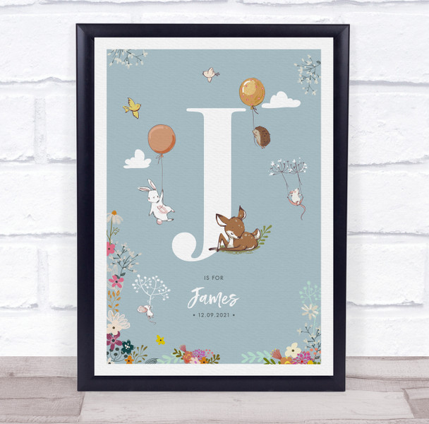 New Baby Birth Details Christening Nursery Woodland Animals Initial J Gift Print