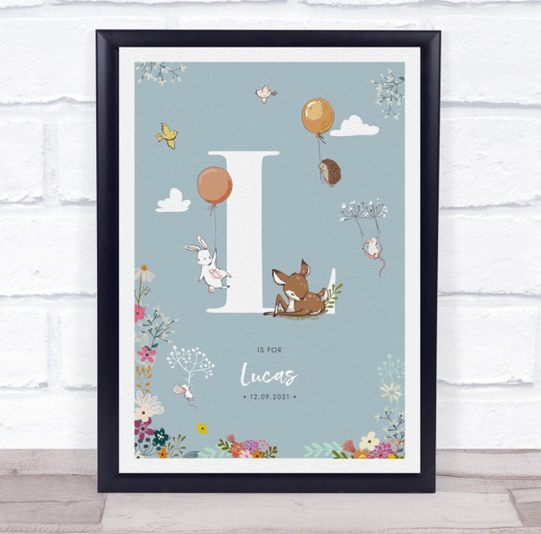 New Baby Birth Details Christening Nursery Woodland Animals Initial L Gift Print