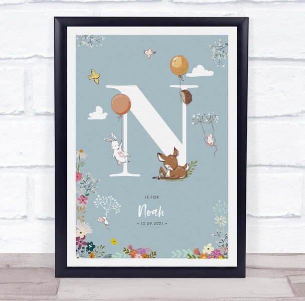 New Baby Birth Details Christening Nursery Woodland Animals Initial N Gift Print