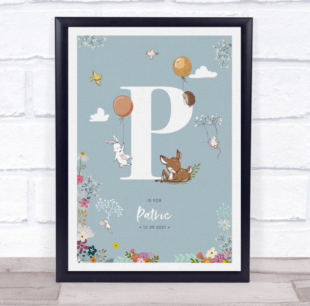 New Baby Birth Details Christening Nursery Woodland Animals Initial P Gift Print