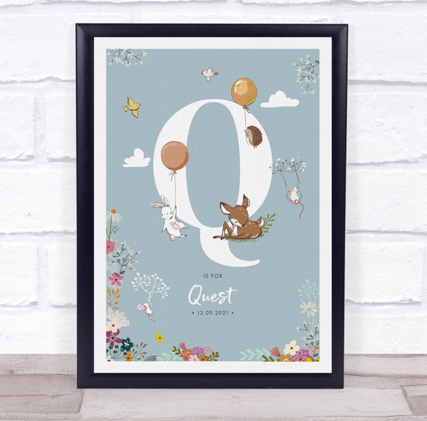 New Baby Birth Details Christening Nursery Woodland Animals Initial Q Gift Print