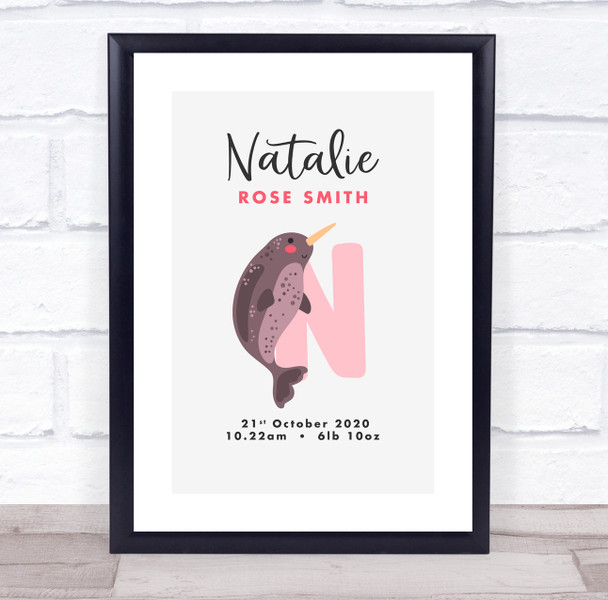 New Baby Birth Details Christening Nursery Initial N Narwhal Keepsake Gift Print