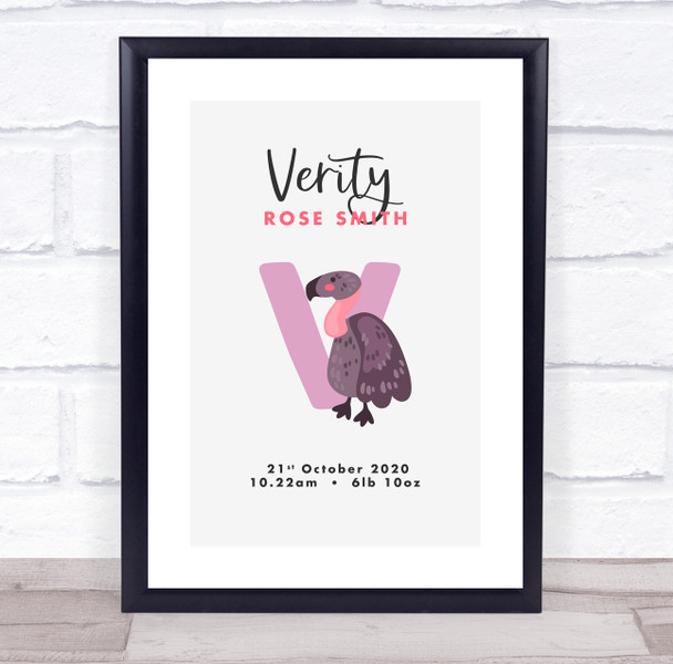 New Baby Birth Details Christening Nursery Initial V Vulture Keepsake Gift Print
