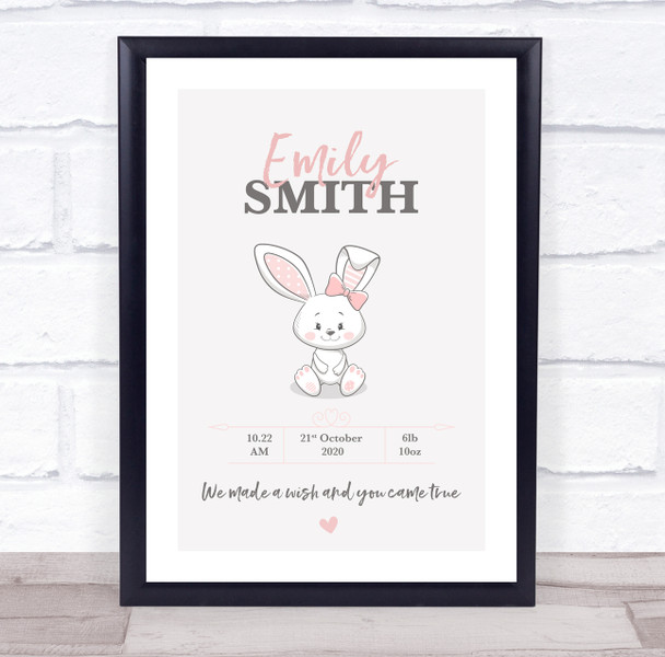 New Baby Birth Details Christening Nursery White Rabbit Girl Keepsake Gift Print