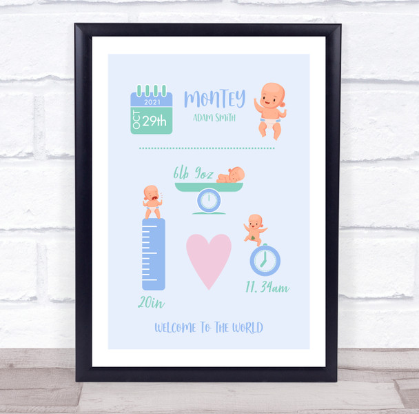 New Baby Birth Details New-born Christening Nursery Cute Boy Keepsake Gift Print