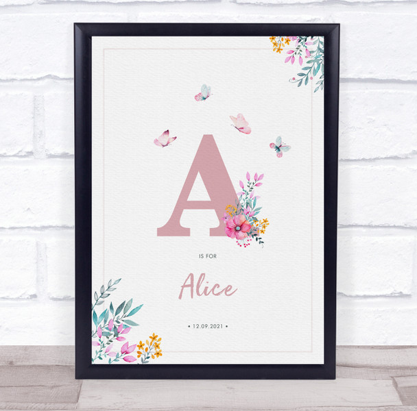 Pink Initial A Watercolour Flowers Baby Birth Details Nursery Christening Print Pink Initial A Watercolour Flowers Baby Birth Details Nursery Christening Print
