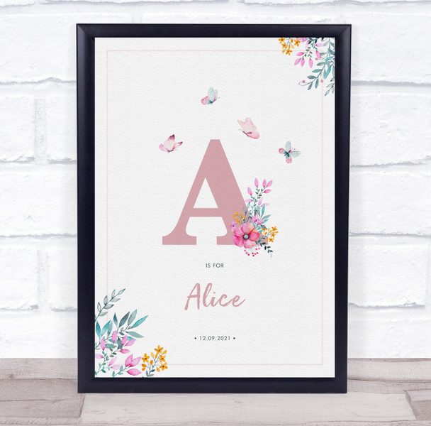 Pink Initial A Watercolour Flowers Baby Birth Details Nursery Christening Print