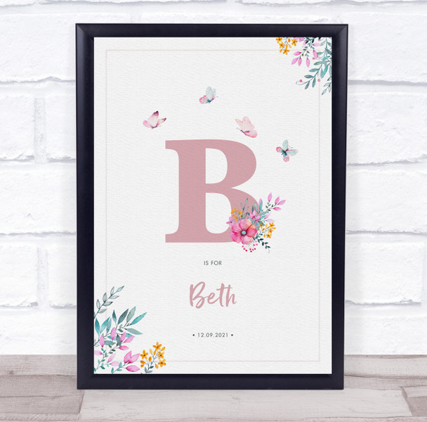Pink Initial B Watercolour Flowers Baby Birth Details Nursery Christening Print Pink Initial B Watercolour Flowers Baby Birth Details Nursery Christening Print