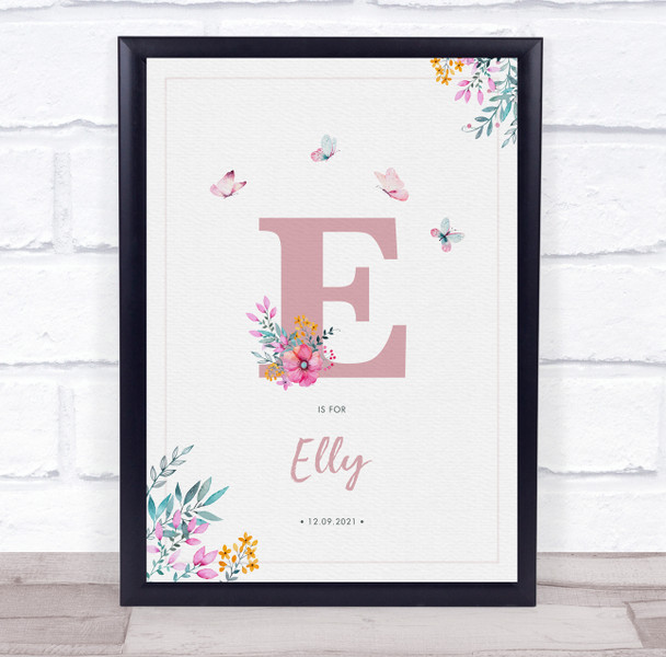 Pink Initial E Watercolour Flowers Baby Birth Details Nursery Christening Print