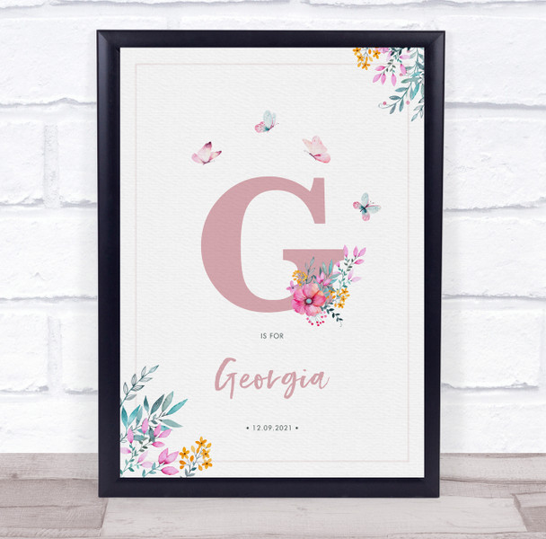 Pink Initial G Watercolour Flowers Baby Birth Details Nursery Christening Print
