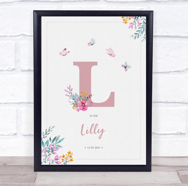 Pink Initial L Watercolour Flowers Baby Birth Details Nursery Christening Print