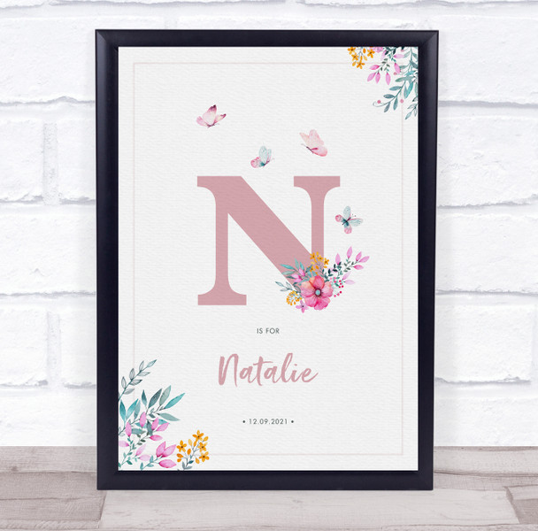 Pink Initial N Watercolour Flowers Baby Birth Details Nursery Christening Print