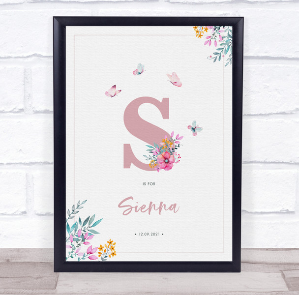 Pink Initial S Watercolour Flowers Baby Birth Details Nursery Christening Print
