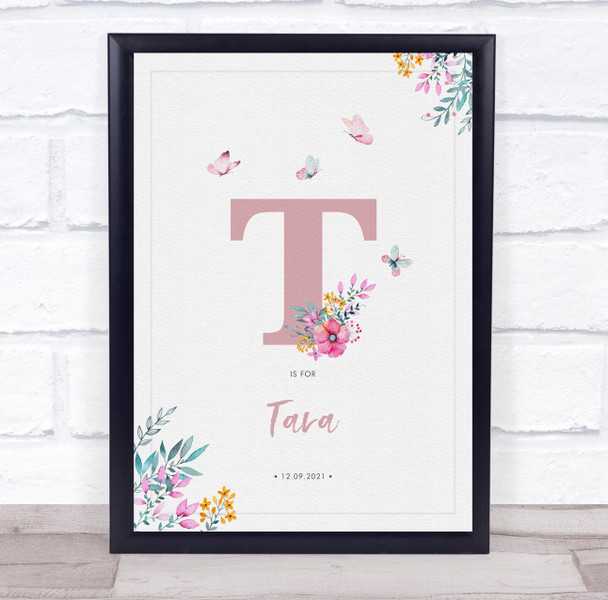 Pink Initial T Watercolour Flowers Baby Birth Details Nursery Christening Print