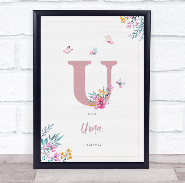 Pink Initial U Watercolour Flowers Baby Birth Details Nursery Christening Print