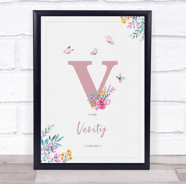 Pink Initial V Watercolour Flowers Baby Birth Details Nursery Christening Print