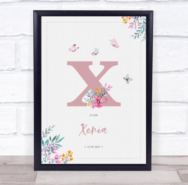 Pink Initial X Watercolour Flowers Baby Birth Details Nursery Christening Print