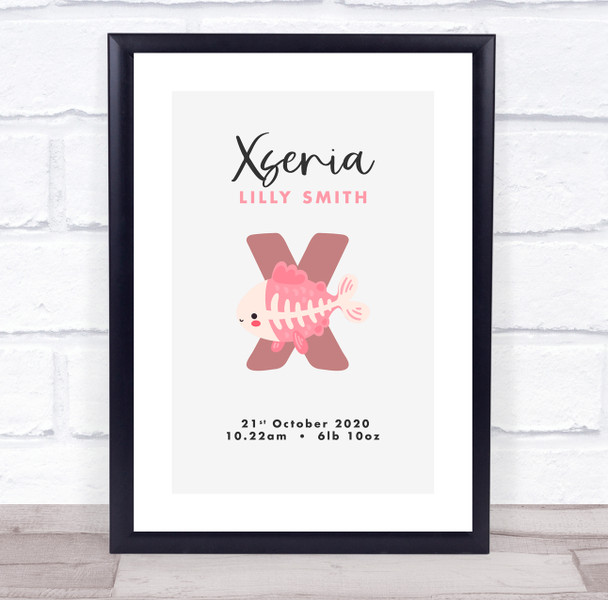 New Baby Birth Details Christening Nursery Bear Initial X X-Ray Fish Gift Print