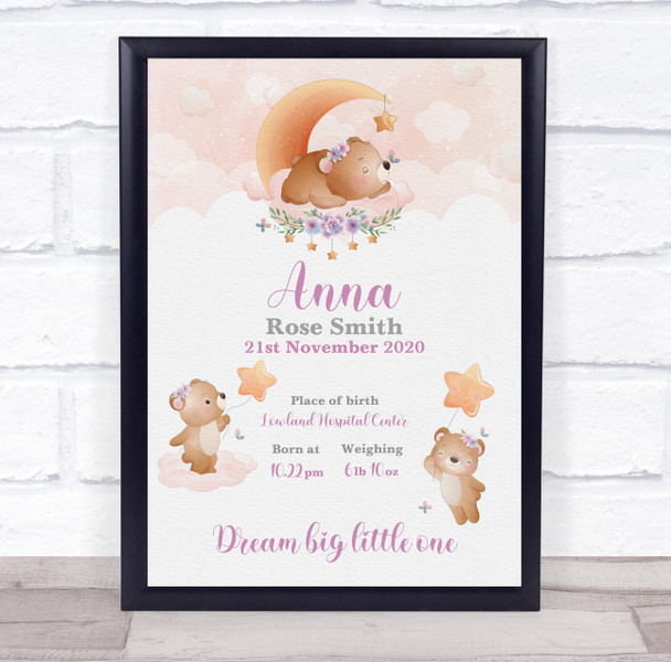 New Baby Birth Details Christening Nursery Bears Moon Stars Keepsake Gift Print