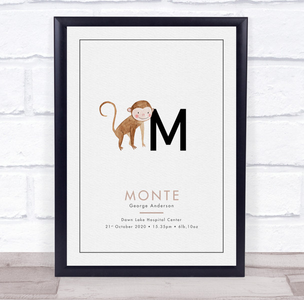 New Baby Birth Details Christening Nursery Initial M Monkey Keepsake Gift Print