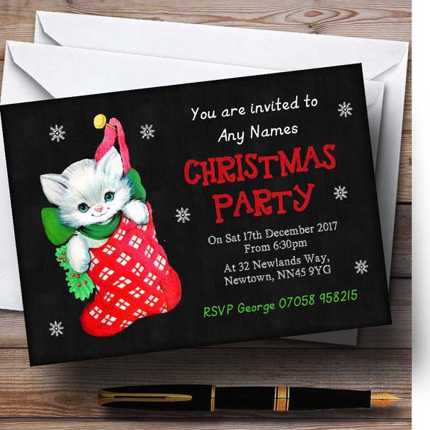 Cat In Stocking Chalk Effect Customised Christmas Party Invitations