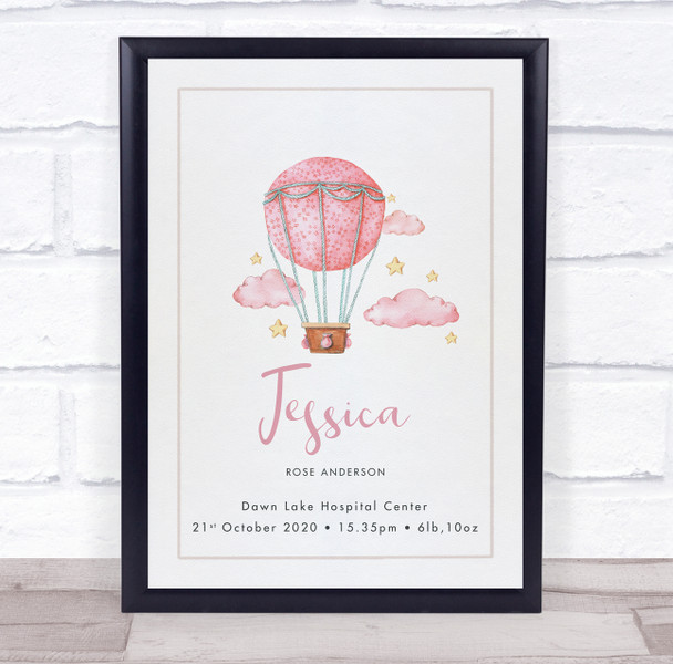 New Baby Birth Details Christening Nursery Pink Air Balloon Keepsake Gift Print