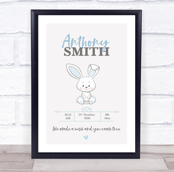 New Baby Birth Details Christening Nursery White Rabbit Boy Keepsake Gift Print