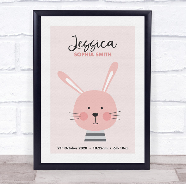 New Baby Birth Details Nursery Christening Cute Rabbit Face Keepsake Gift Print