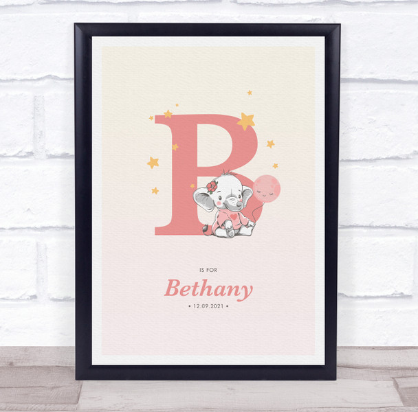 Pink Baby Girl Elephant Initial B Baby Birth Details Nursery Christening Print