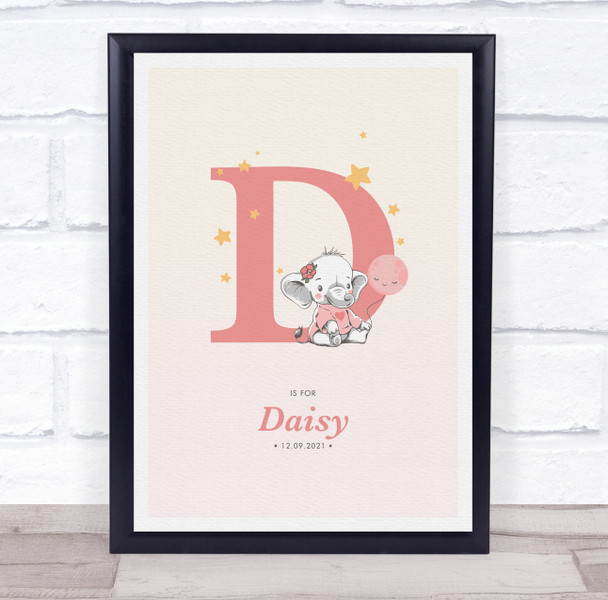 Pink Baby Girl Elephant Initial D Baby Birth Details Nursery Christening Print