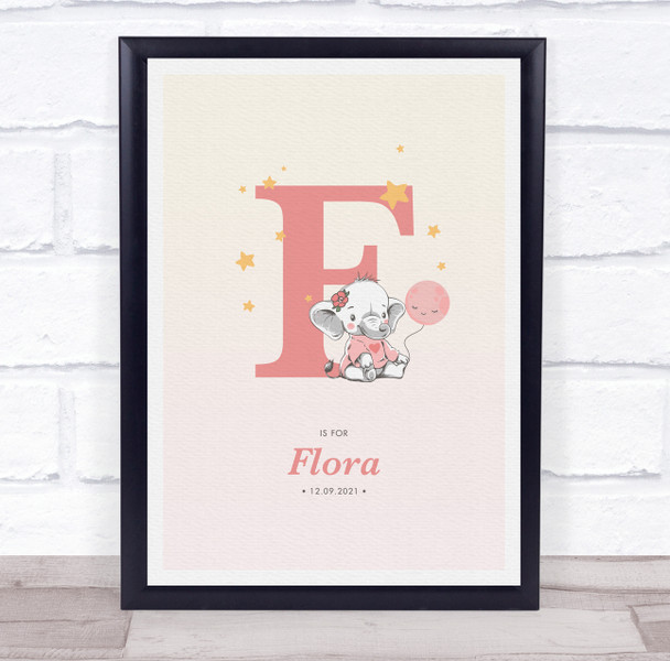 Pink Baby Girl Elephant Initial F Baby Birth Details Nursery Christening Print