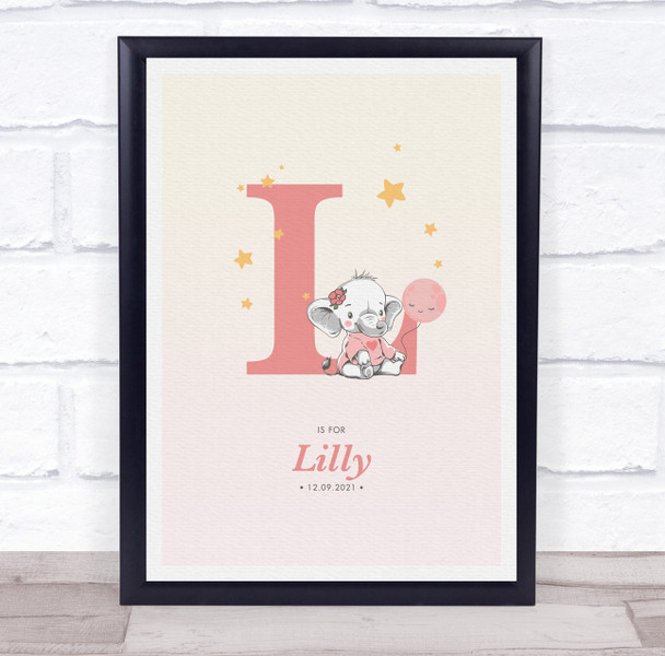 Pink Baby Girl Elephant Initial L Baby Birth Details Nursery Christening Print