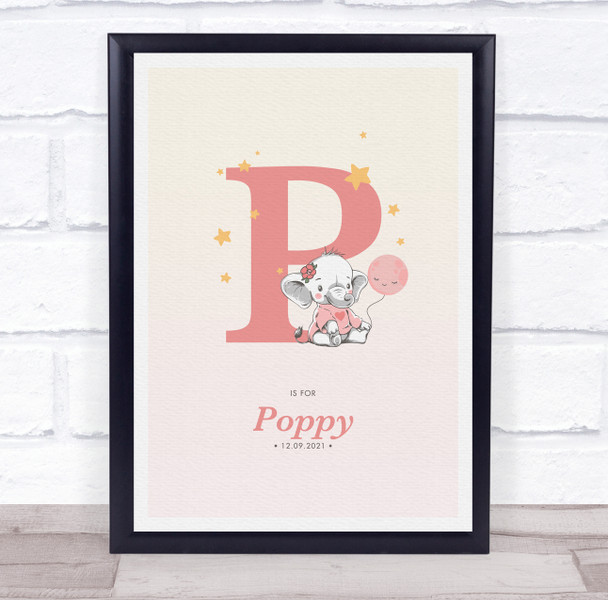 Pink Baby Girl Elephant Initial P Baby Birth Details Nursery Christening Print