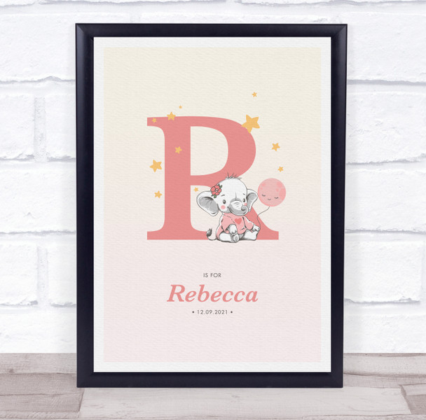 Pink Baby Girl Elephant Initial R Baby Birth Details Nursery Christening Print