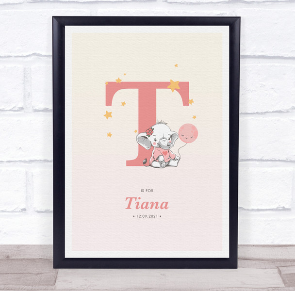 Pink Baby Girl Elephant Initial T Baby Birth Details Nursery Christening Print