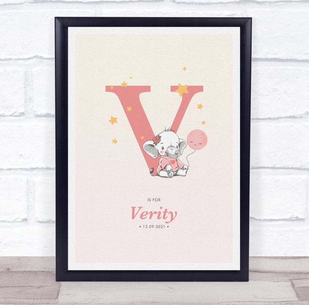 Pink Baby Girl Elephant Initial V Baby Birth Details Nursery Christening Print