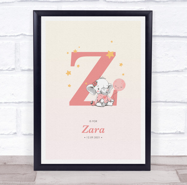 Pink Baby Girl Elephant Initial Z Baby Birth Details Nursery Christening Print