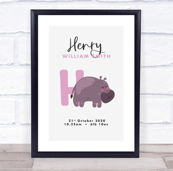 New Baby Birth Details Christening Nursery Initial H Hippo Keepsake Gift Print
