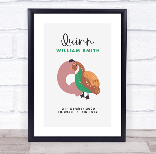 New Baby Birth Details Christening Nursery Initial Q Quail Keepsake Gift Print