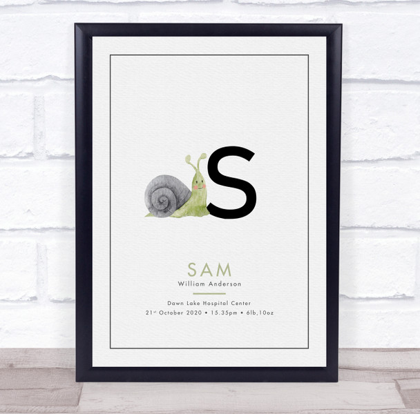 New Baby Birth Details Christening Nursery Initial S Snail Keepsake Gift Print