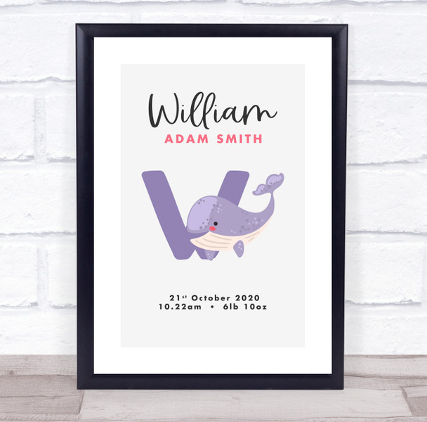 New Baby Birth Details Christening Nursery Initial Whale W Keepsake Gift Print