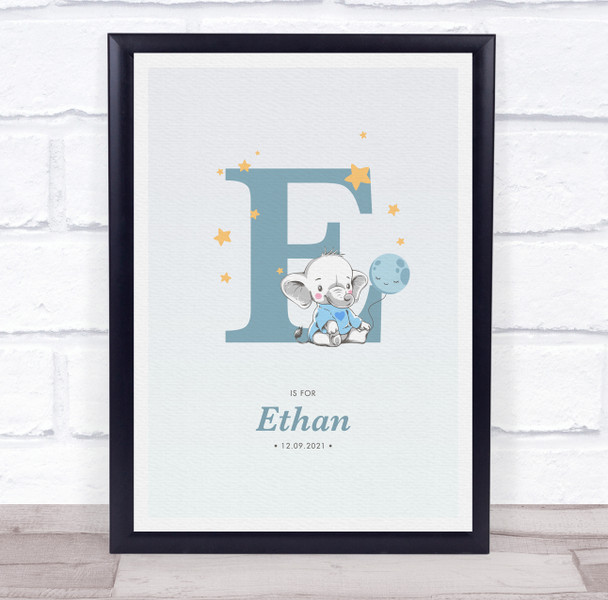 New Baby Birth Details Christening Nursery Blue Elephant Initial E Gift Print