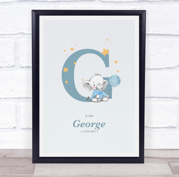 New Baby Birth Details Christening Nursery Blue Elephant Initial G Gift Print