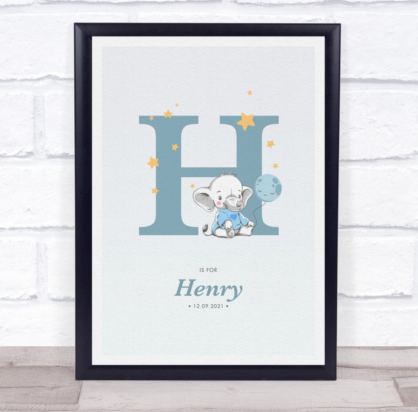 New Baby Birth Details Christening Nursery Blue Elephant Initial H Gift Print