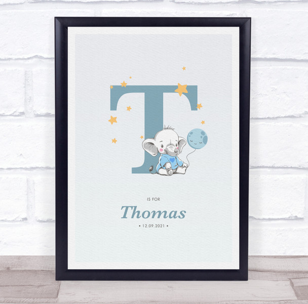 New Baby Birth Details Christening Nursery Blue Elephant Initial T Gift Print