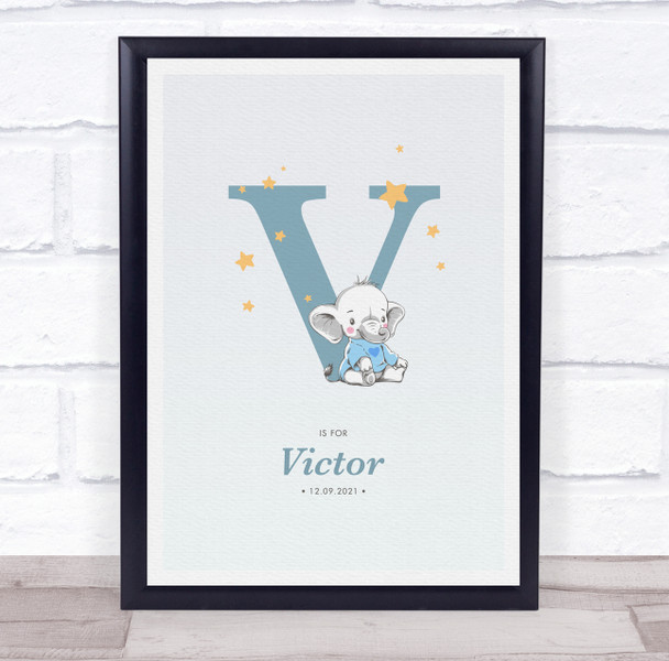 New Baby Birth Details Christening Nursery Blue Elephant Initial V Gift Print