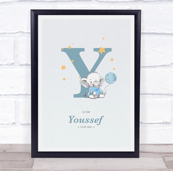 New Baby Birth Details Christening Nursery Blue Elephant Initial Y Gift Print