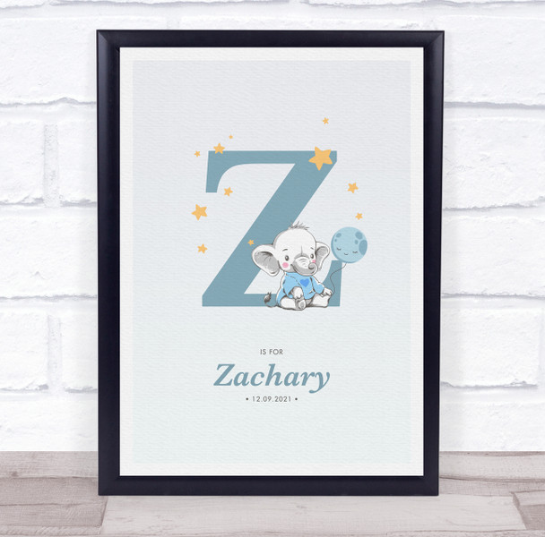 New Baby Birth Details Christening Nursery Blue Elephant Initial Z Gift Print