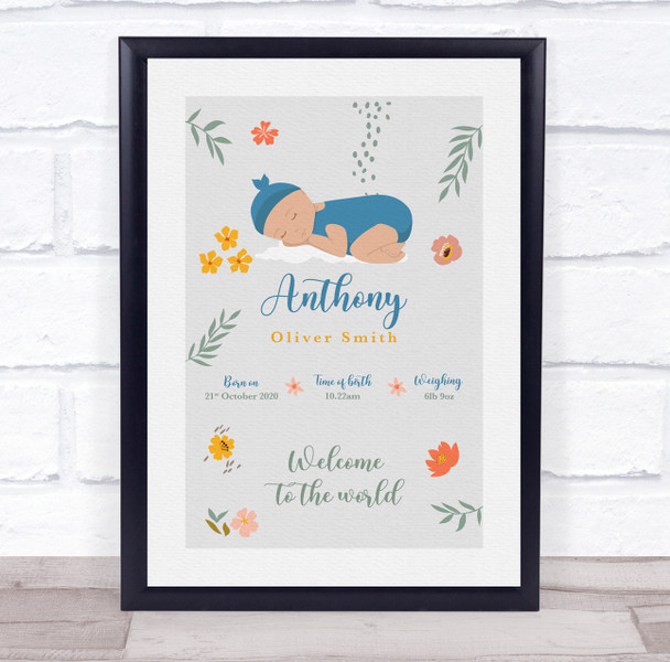 New Baby Birth Details Christening Nursery Baby Boy Cloud Keepsake Gift Print