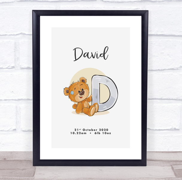 New Baby Birth Details Christening Nursery Bear Initial D Keepsake Gift Print